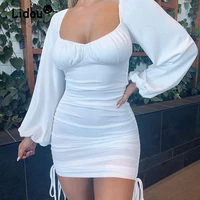 summer long sleeve sexy bodycon pencil mini dresses women clothing square collar lady solid party club bag hip drawstring dress