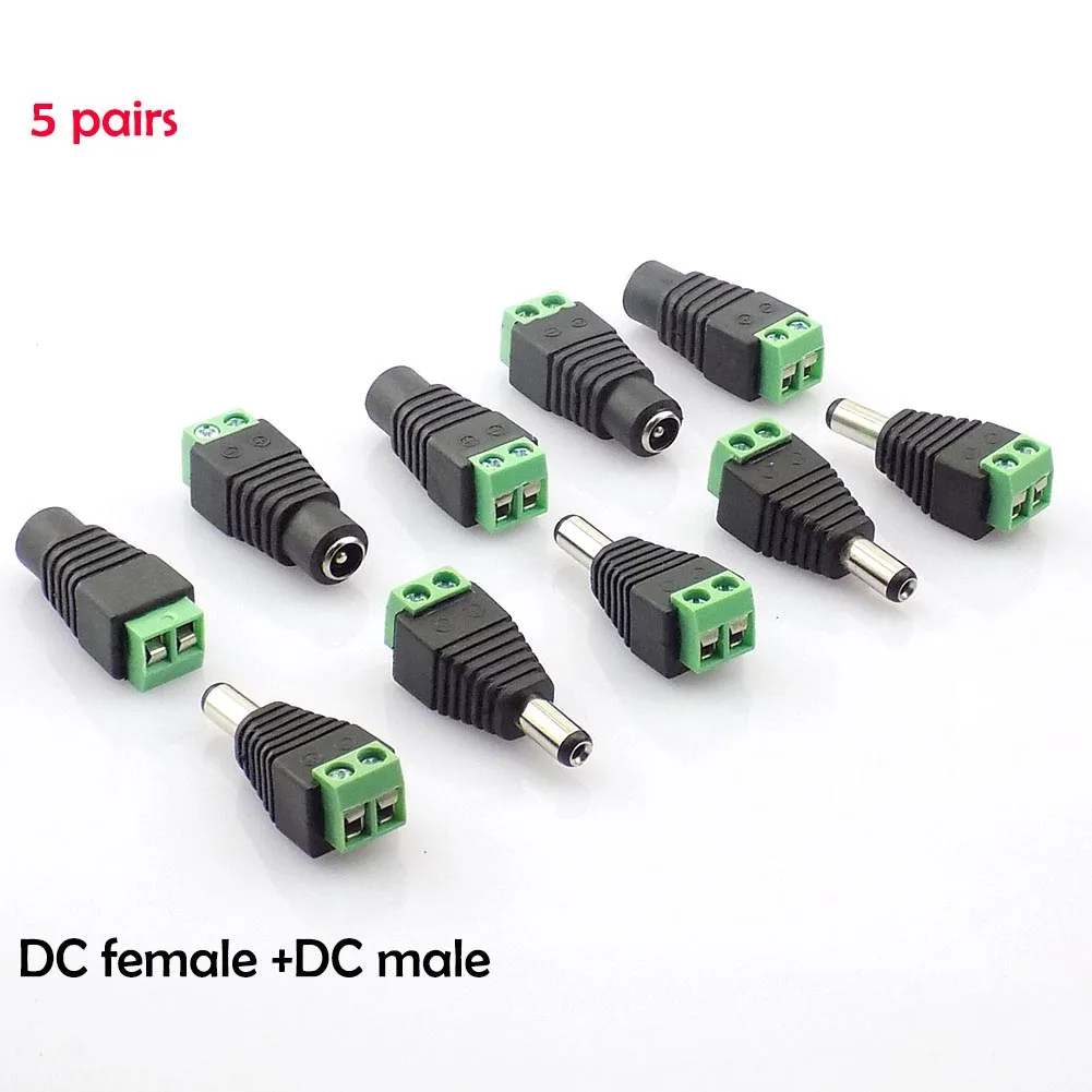 

5 Pair DC Power Male jack plug and DC female Connector plug adapter BNC UTP for CCTV Camera power supply led strips light L19