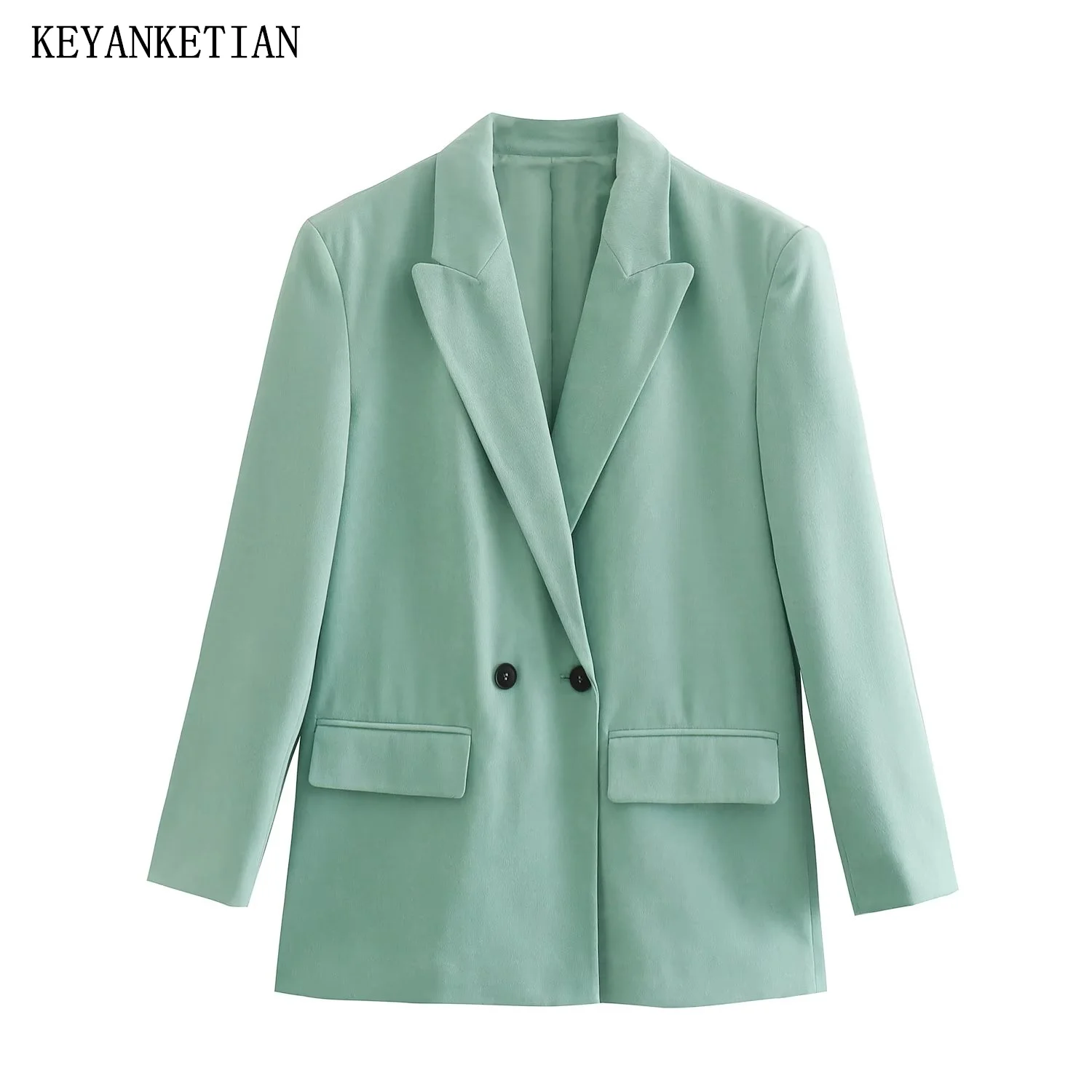 

KEYANKETIAN Spring Autumn New Soft Texture Lake Green Suit Ladies Commuter Flip Pocket Double Breasted Straight Tube Top Women