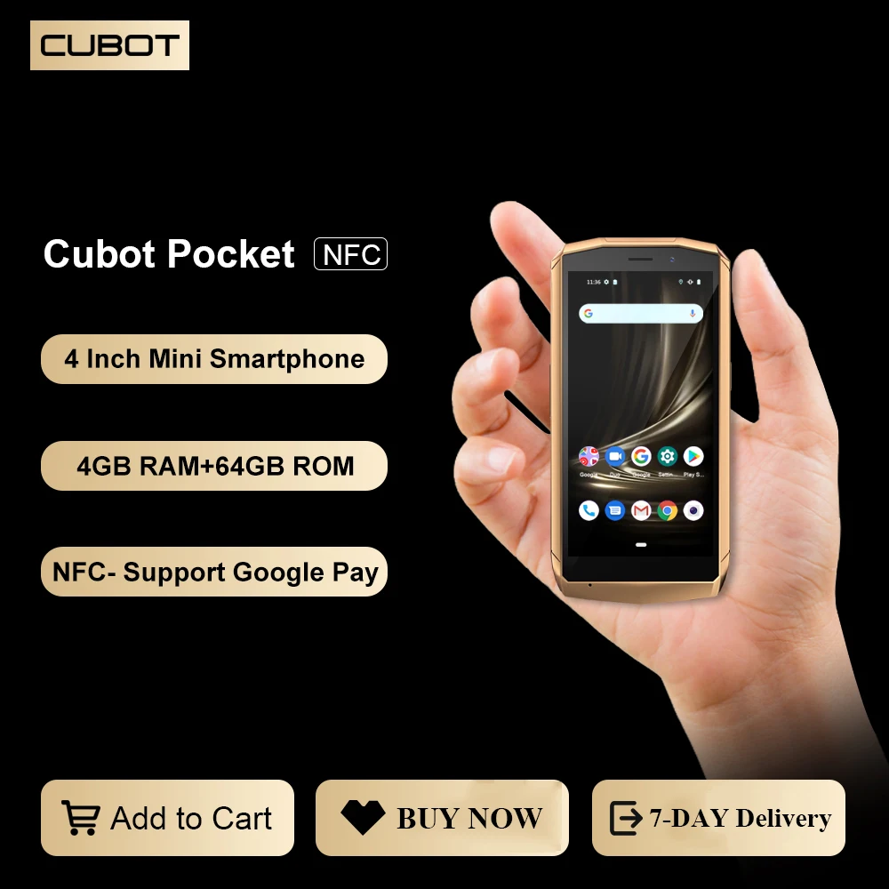 7-Day Delivery, Cubot Pocket Android Mini Smartphone, NFC Support, 4 GB RAM, 64 GB ROM, 128 GB Extended, 4 Inch Screen, 3000mAh