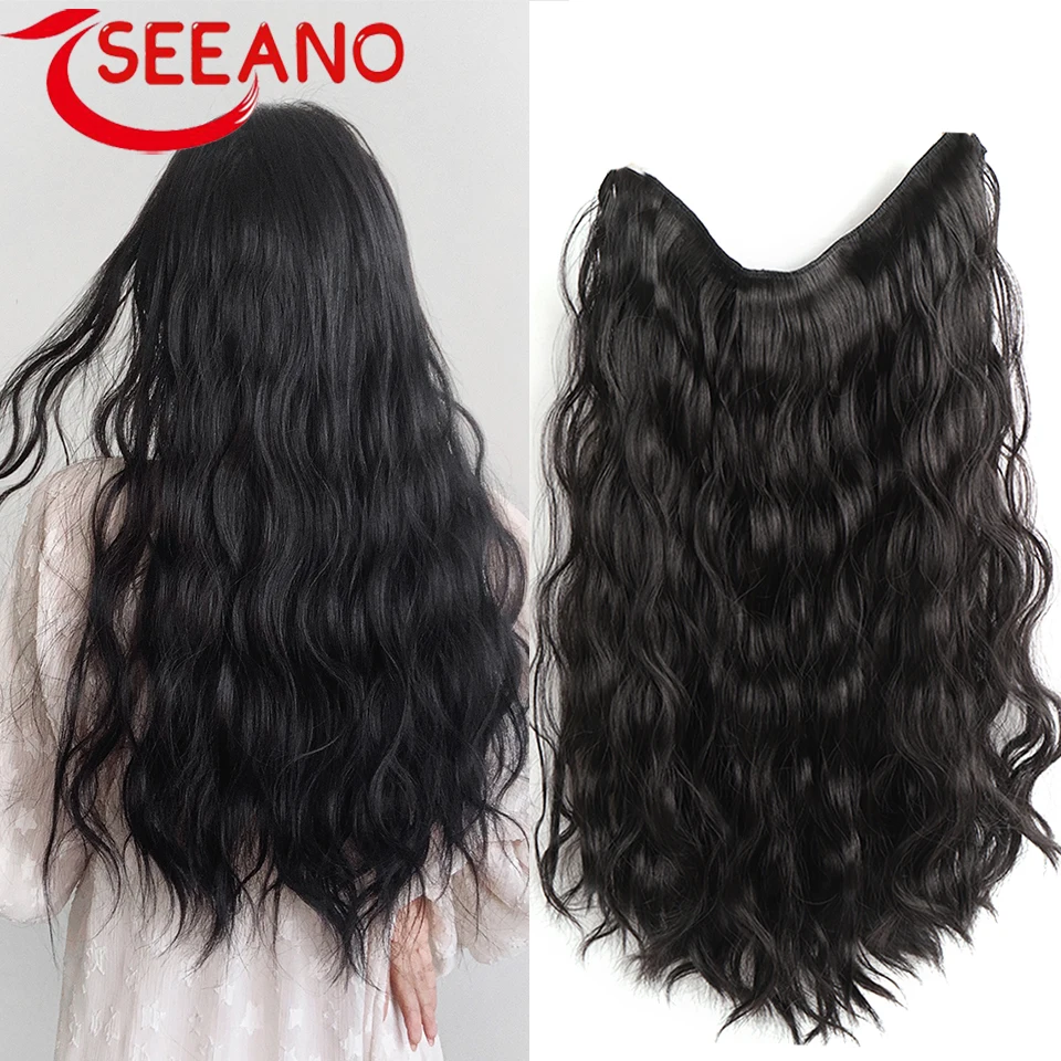 SEEANO Synthetic Hair Extension 5 Clips V-shaped Half Wig Brown Blonde Red Curly Wave Straight Fake Hair For Women