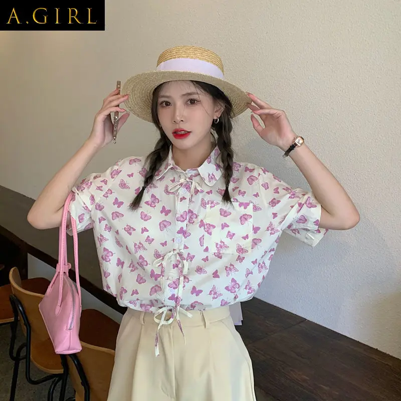 

Shirts Women Butterfly-printing Design Summer Ulzzang Teens Leisure Bandage Chic Single Breasted Loose All-match Harajuku Cute