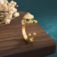 2022 china style ancient method gold plated inlaid green jade beads pixiu ring retro gift personalized opening adjustable ring