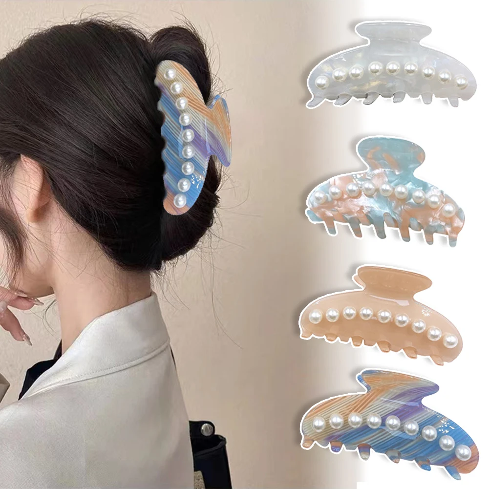 

New Striped Pearl Acrylic Hair Claw Crab Clip Women Elegant Shiny Hair Clip Barrettes Hairpin Girls Sweet Hair Accessories