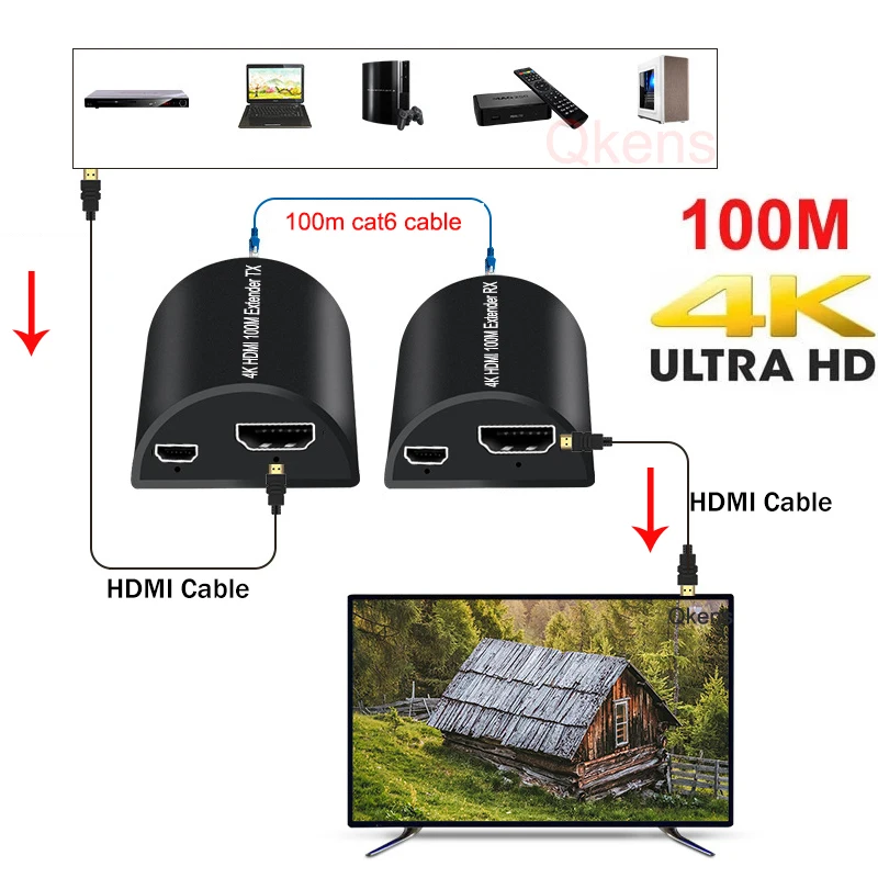 4K 100M HDMI Extender Video Converter Via CAT5e Cat6 UTP RJ45 LAN Network Ethernet Cable 1080P 60m for PS3 PS4 PS5 Xbox PC To TV