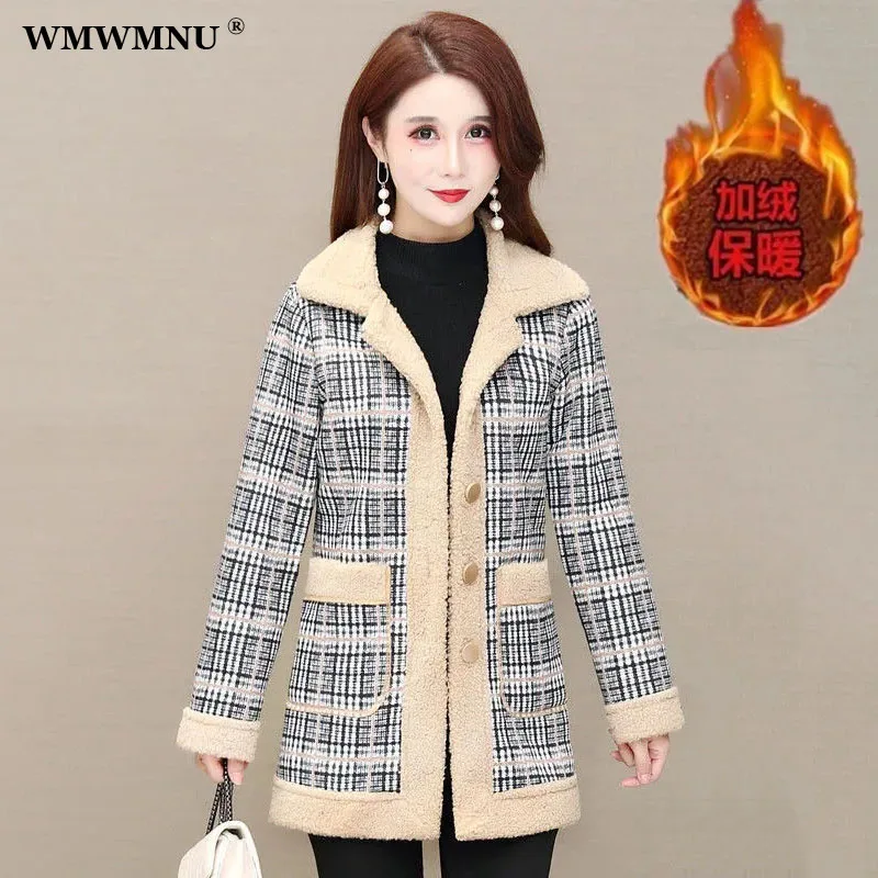 

Korean Fashion Lapel Lamb Wool Plaid Jacket Women Fall Elegant Long Sleeve Fleece Coat Female Casual Single Breasted Outerwear