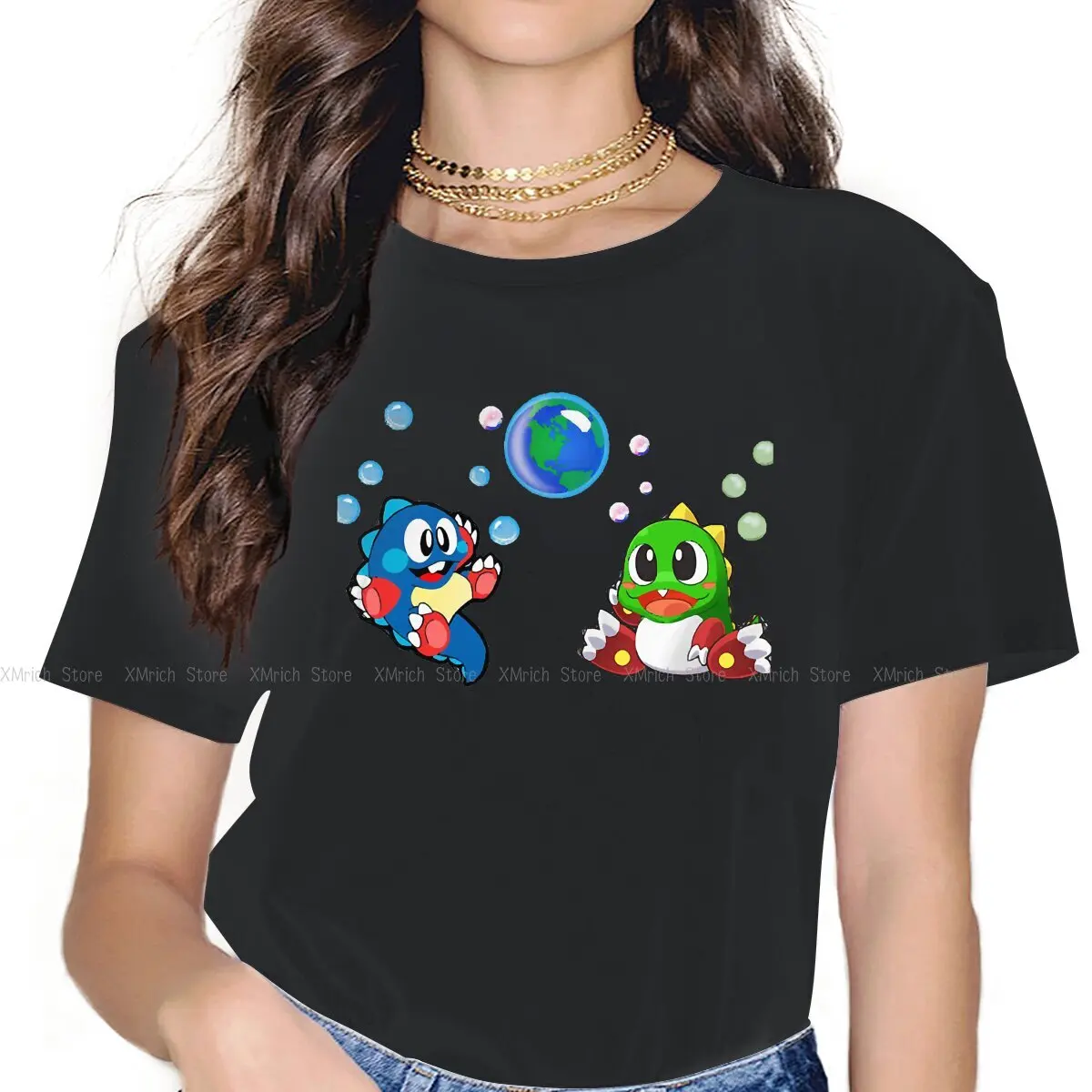 

The Earth Women's T Shirts Arcade Game Fun Little Game Bubble Bobble Fashion Tee Shirt Short Sleeve Crew Neck T-Shirt Cotton