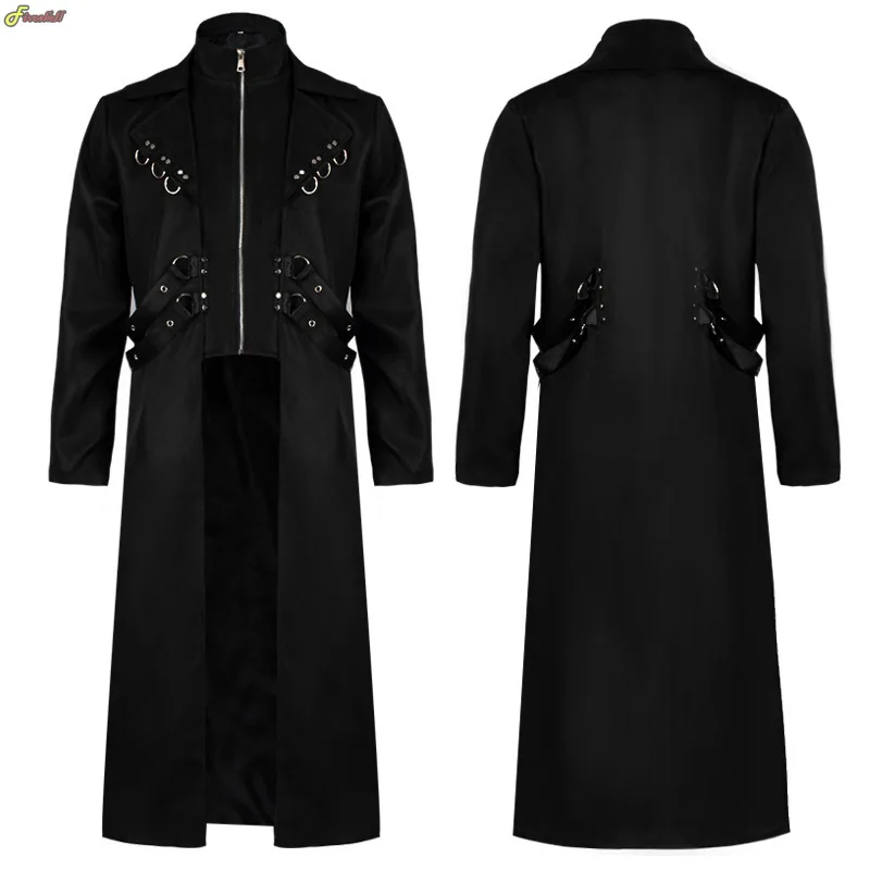 

2023 New Mid-Century Black Men's Pure ColorJacket Jacquard Retro Uniform Medieval Zipper Cosplay Coat Camouflage Costume