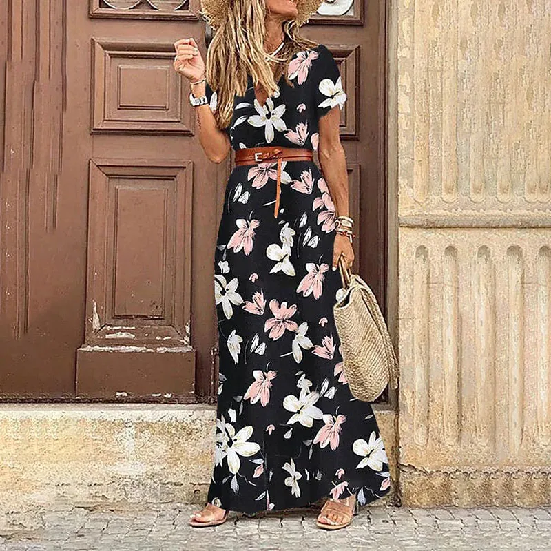 

Women Bohemian V Neck Vintage Ankle Length Dresses Fashion Elegant Empire Belt Printing Summer Short Sleeve Clothing Female 2022
