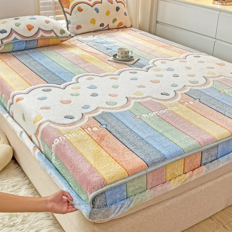 

180X200CM Milk Coral Wool Bed Cap Single Piece Thickened Snowflake Villus Bedspread Children Non-slip Mattress Cover Sheet Gift