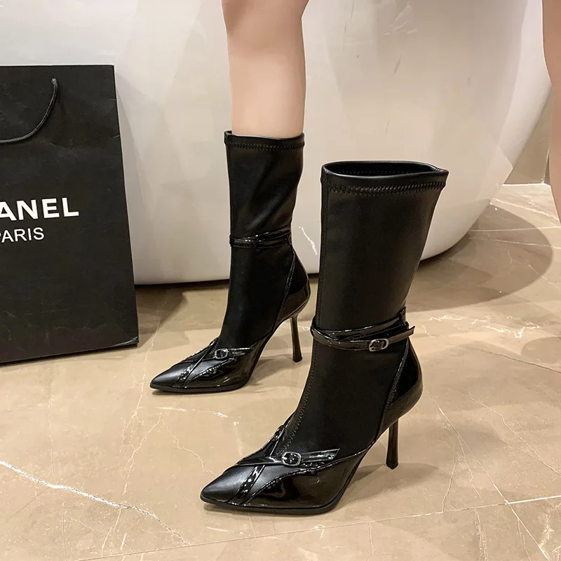 

Черные женские эластичные короткие ботинки, Осенние заостренные ботинки-носки с бантом на высоком каблуке, вечерние туфли-лодочки, ботинки