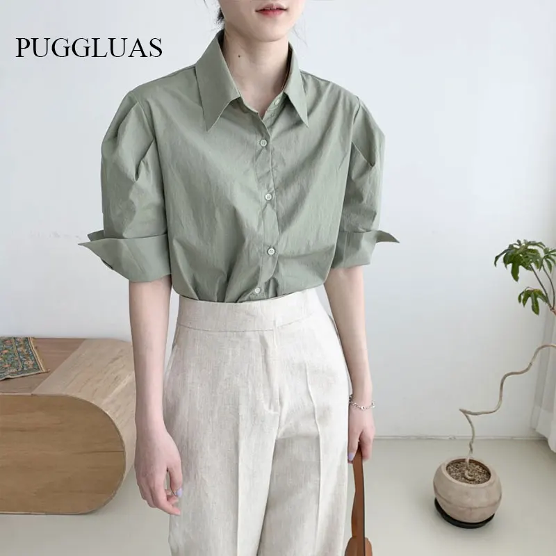 

Summer Chic Women's Shirt Blouses Korea Short Sleeve Lapel Button Retro Office Lady Design Solid Blue White Shirts Tops Blouse