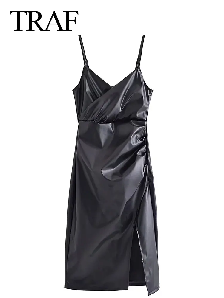 

TRAF Trendy Sexy Charming Skinny Low Cut Long Sling Dress Elegant Beautiful Hem Back Slit Pure Black Leather Women's Dress