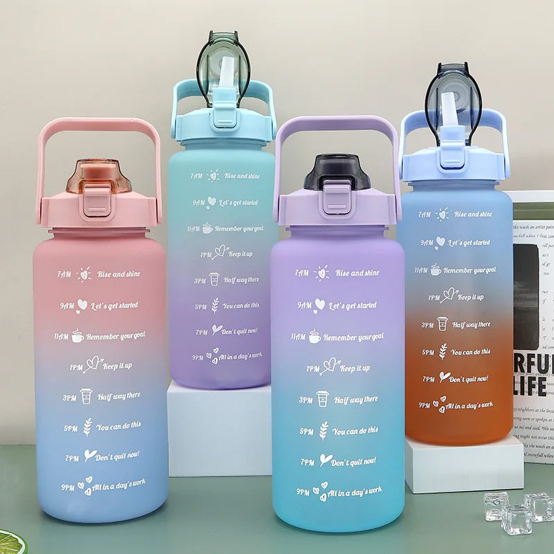 2 Litre Water Bottle for Girls Botella De Agua Motivacional Gourde Sport Gym with Time Marker Portable Large Chaleira with Straw