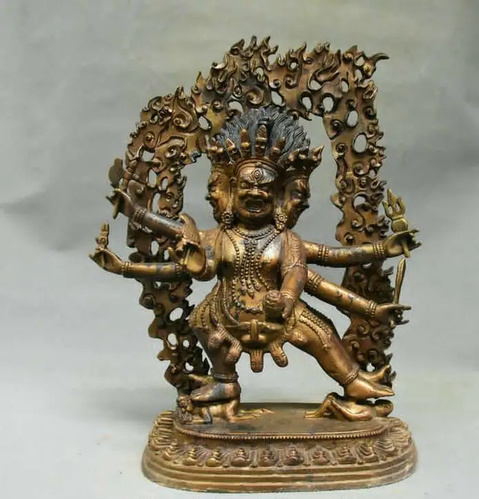 

12.4"Old Tibet Buddhism Bronze Gilt 6 Arms Mahakala Wrathful Deity Buddha Statue