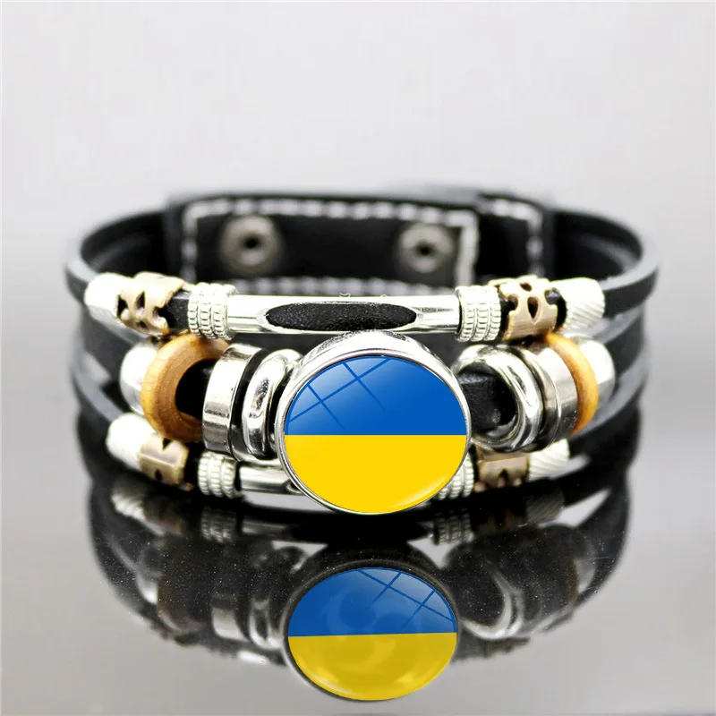 

New Ukraine Symbols Leather Bracelet Multilayer Woven Ukraine Flag Trident Glass Bangles Fashion Jewelry Patriot Gift YP8893