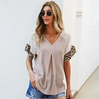leopard patchwork t shirt summer women v neck short sleeve casual tops pink slim cotton pullover 2021 new fashion all match tees
