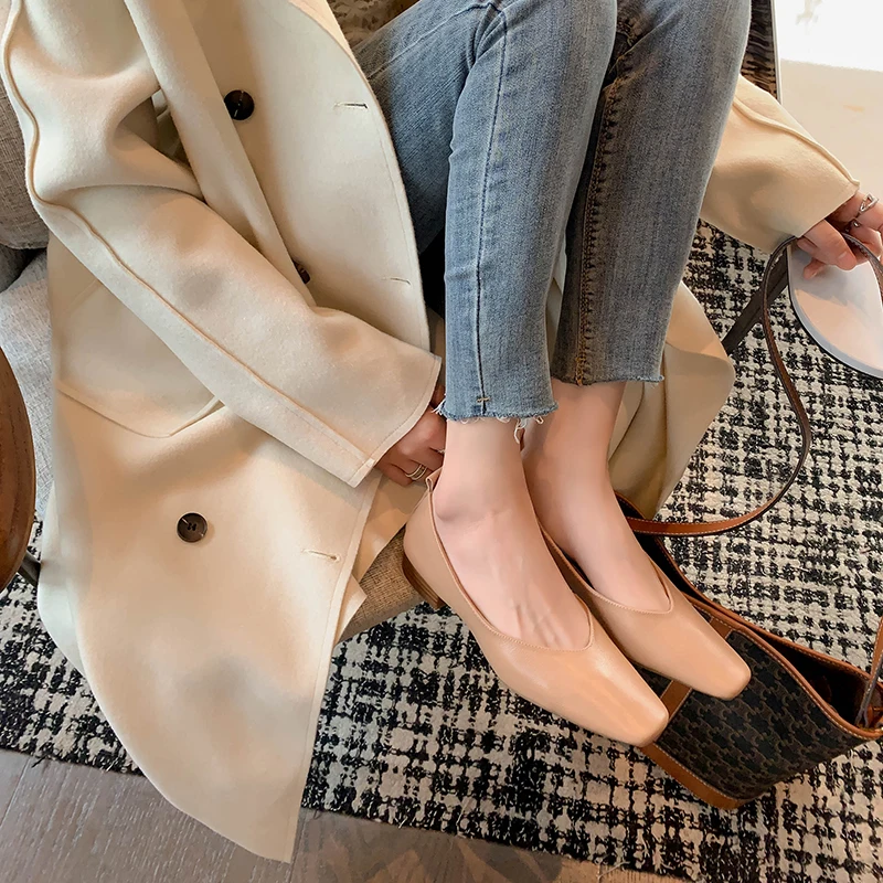 34-40 large size simple women's shoes cow leather square head low heel thick heel cow tendon sole women's shoes