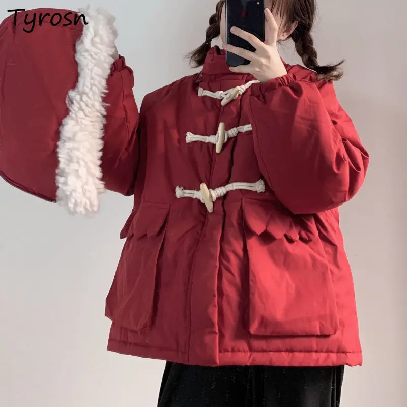 

Женские короткие парки Ulzzang, однотонная красная теплая куртка с капюшоном и пуговицами-рогами, зимнее пальто для девушек
