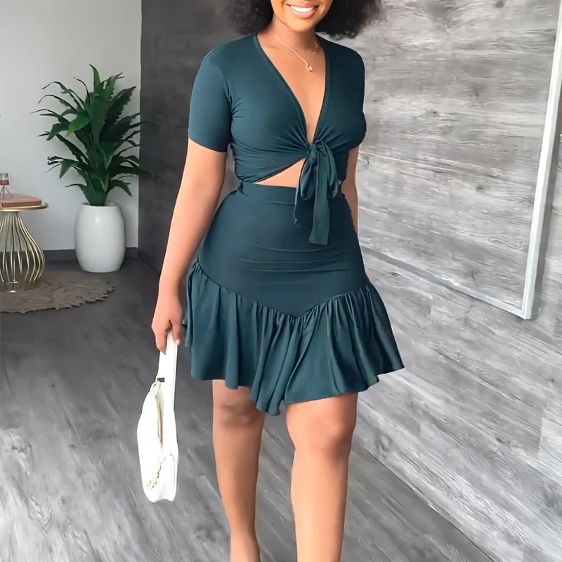 

Sexy Two Piece Skirt Set for Women Casual Solid Color Lace Up T Shirt & Skirt Set Women Fashion Leisure Vacation Set