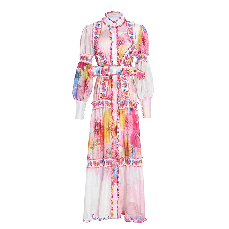 Holiday Style Pink Printed Long Dress 2022 Summer Fashion Sweet Lantern Sleeves Contrast Color Stand Collar Ruffle Dress