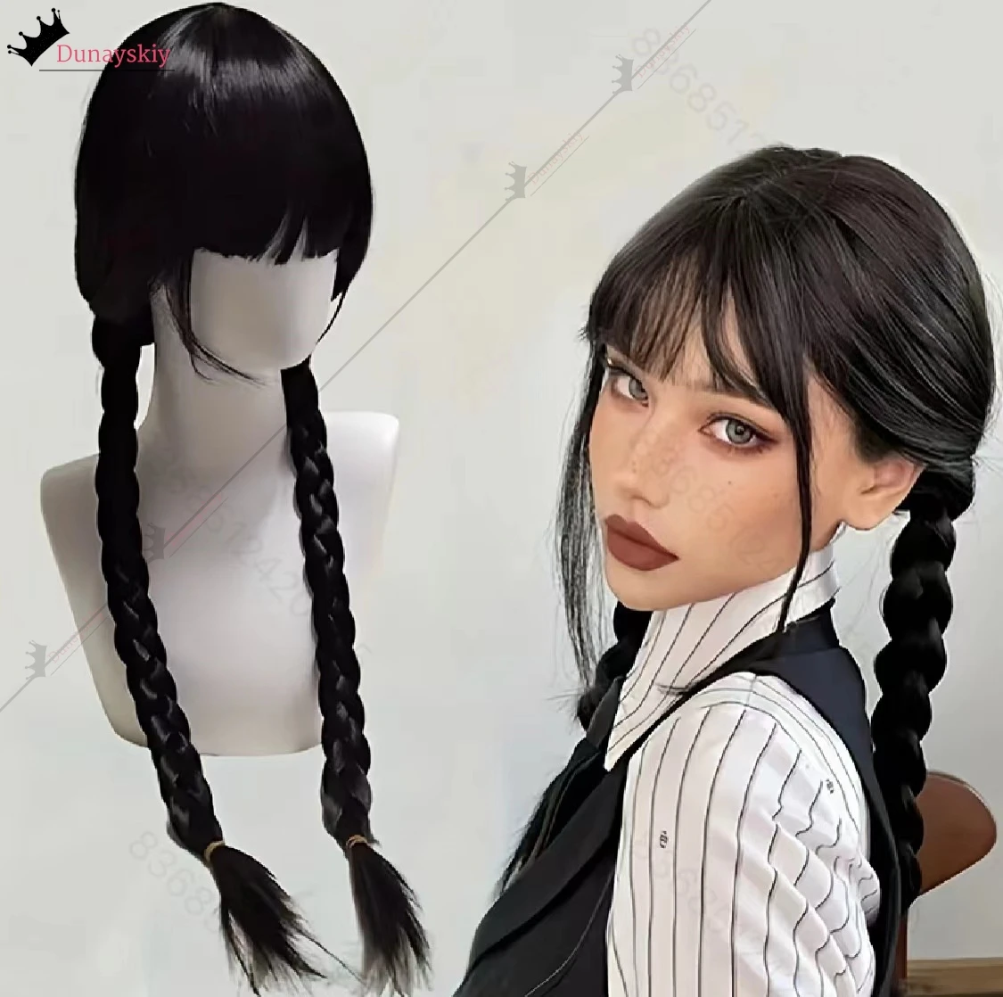 Парик для косплея Wednesday-Addams, термостойкий длинный черный двойной косы, шелковистый прямой синтетический парик с челкой для вечеринки на Хэллоуин (art.: 3920ca369db46) - 3920ca369db46