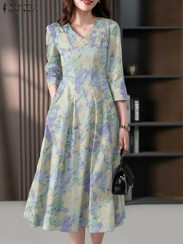 Модель 2024 года, модное элегантное платье ZANZEA с рукавом 3/4, женское платье-миди с цветочным принтом на весну и лето, женское праздничное платье, женское платье
