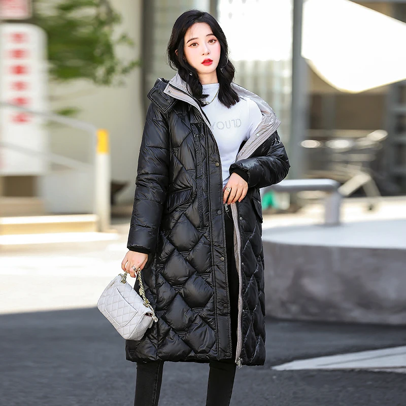 Womens Down Parka Mid Length Jacket Baggy Winter Cotton Warm Parkas Fashion Casual Female Hooded Puffer Coat Bubble Outwear