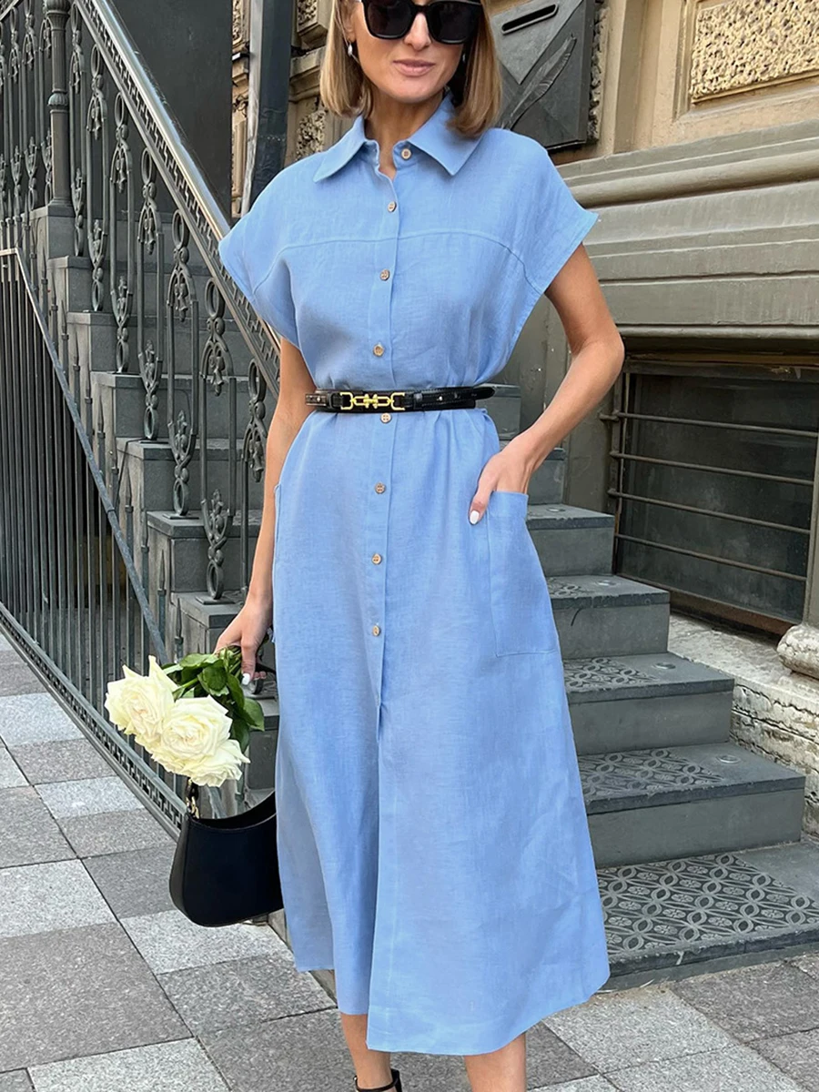 

Женское Однотонное Платье макси с карманами, летнее однобортное длинное платье без рукавов с разрезом, французские винтажные повседневные платья, 2023