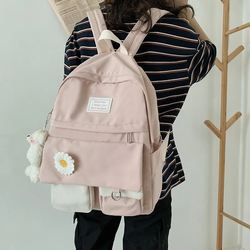 

2023 Women Backpack Cute Doll Pendant Nylon Preppy Style WomenS Rucksack College Mochilas Waterproof for Teenage Girls Bagpack