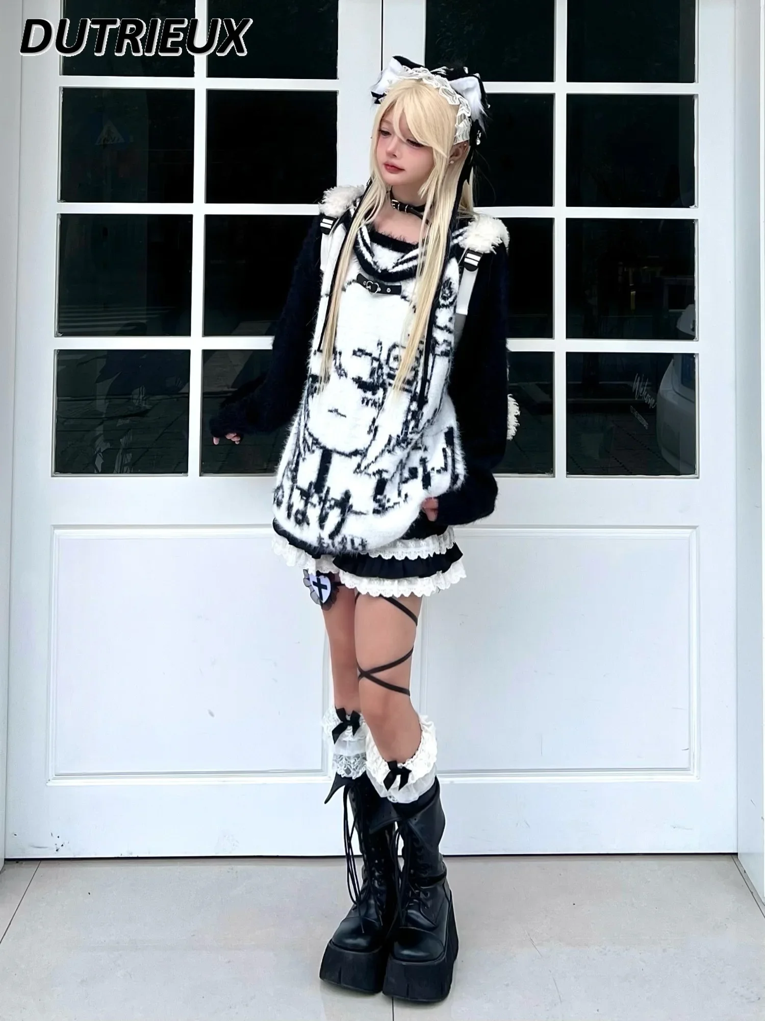 Оригинальный темно-синий милый свитер с воротником для девочек осень-зима мягкий