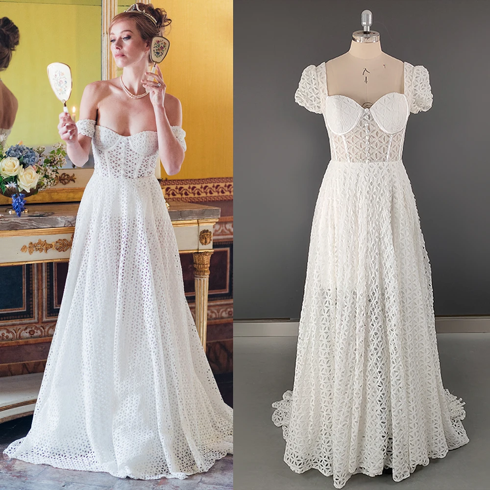 

Summer Cutout Lace Sweetheart A Line Wedding Dress Custom Made Short Latern Sleeves Chic Elegant Ivory No Lining Bridal Gowns