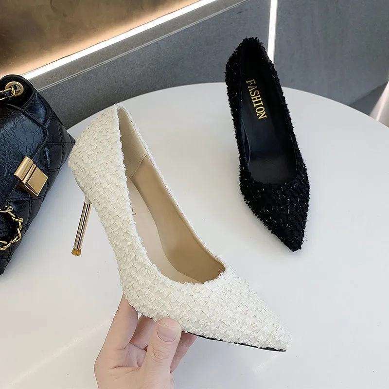 

Spring New High Heels Shoes Elegant Ladies Stilettos Womens Pumps Shoes Pointed Black Etiquette Professional Shoes Wedding Shoes