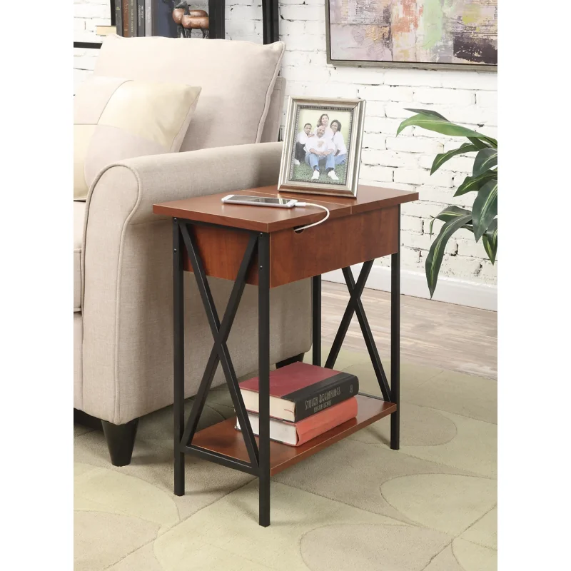 

Convenience Concepts Tucson Flip Top End Table with Charging Station and Shelf, Cherry/Black center table living room