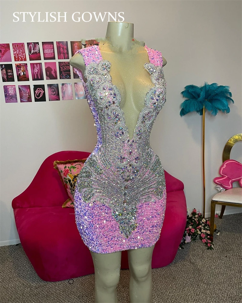 

Sparkly Pink Short Prom Dresses For Black Girl Beaded Crystal Sequined Birthday Party Dress Backless Mini Cocktail Homecoming