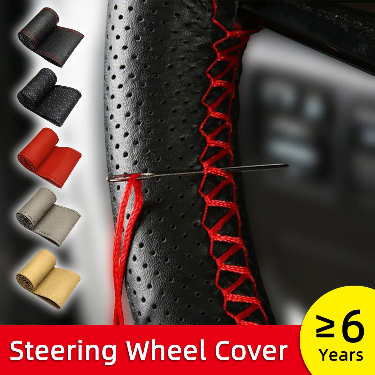 

Universal Car Steering Wheel Cover Kits Fits For 15" 38cm Anti-Slip Leather Needles Thread Soft Auto Interior Accessories DIY