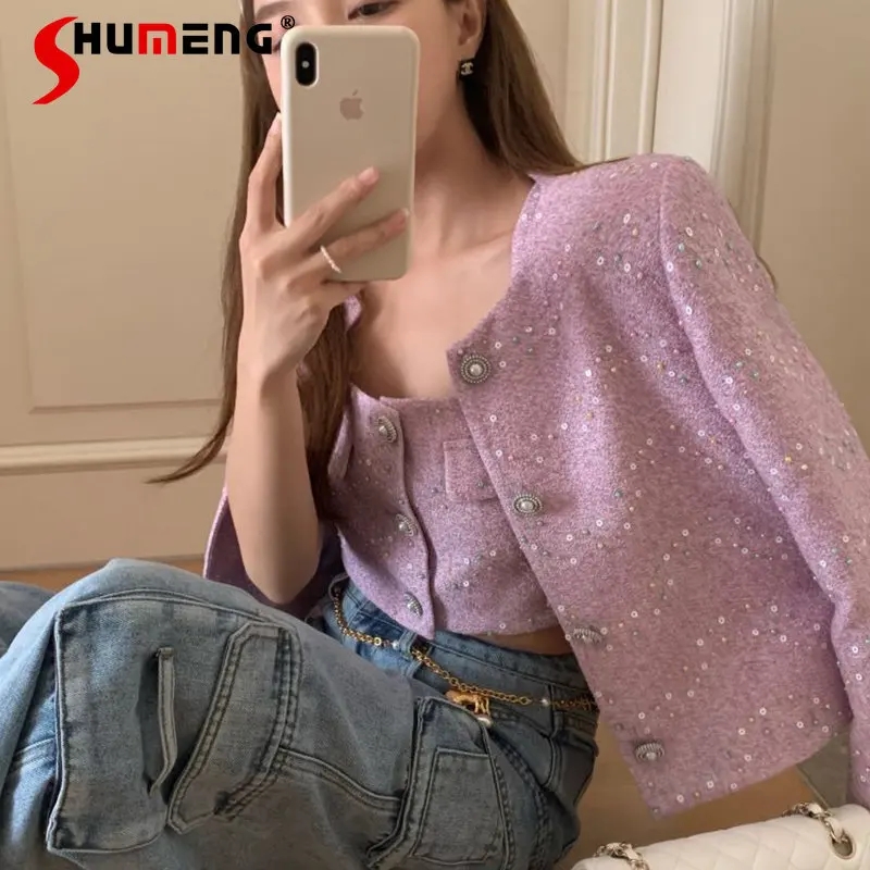 Light Luxury Western Style Fashion Elegant Beaded Round Neck Woolen Short Coat Women's 2023 Spring Trendy Diamond Jacket