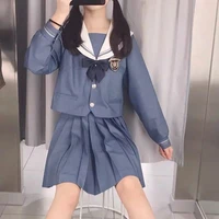 japanese school girls high waist pleated skirts blue plaid skirts women long sleeve jk school uniform