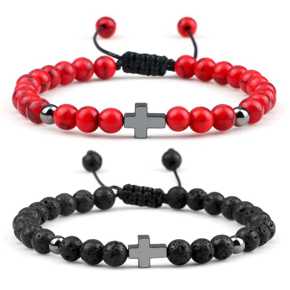 

Jesus Cross Classic Bracelets Men Women Natural Stone Tiger Eyes Lava Beads Prayer Bracelets Handmade Trendy Couple Jewelry Gift