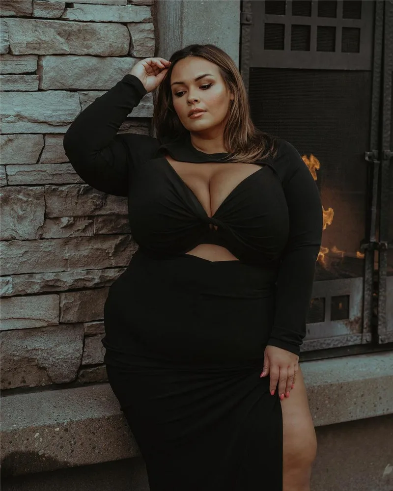 

HAOOHU Sexy Plus Size Maxi Dresses Women Hollow Out Solid Long Sleeve Elegant Party Bodycon Dress Club Outfits Urban Casual