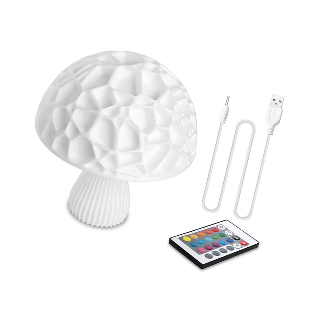 

3D Mushroom Shape Table Lamp 16 Adjustable Colors 15cm Bedside with USB Cable Remote Control Reading Night-light