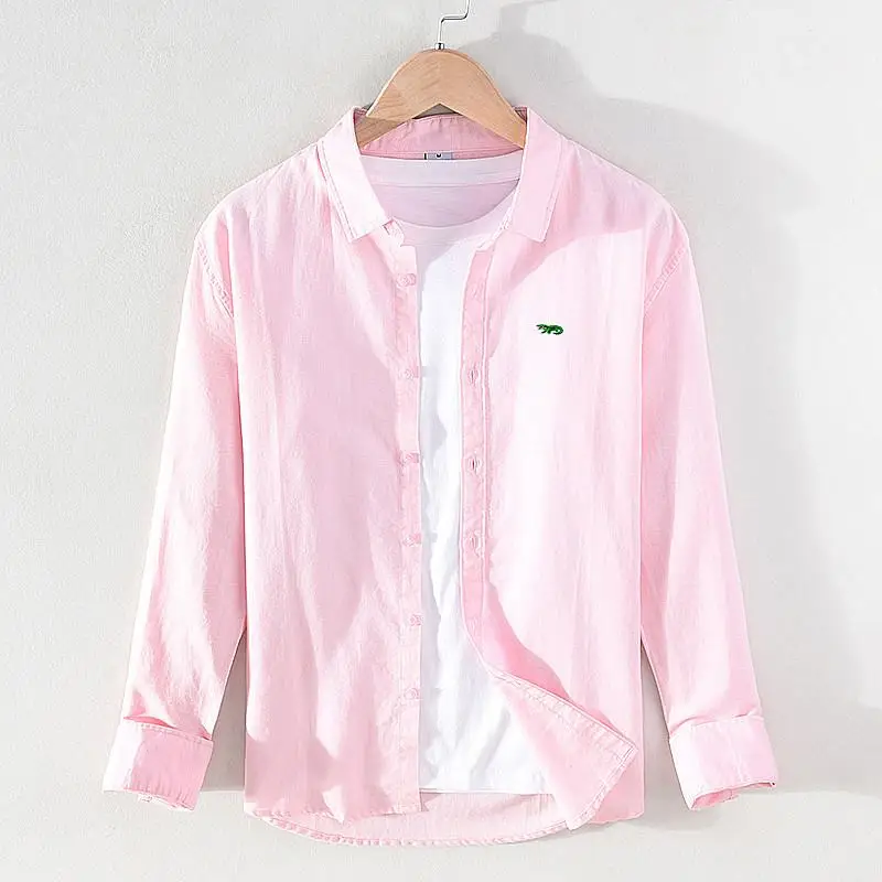 Рубашка мужская с вышивкой и логотипом брендовая Повседневная льняная хлопковая