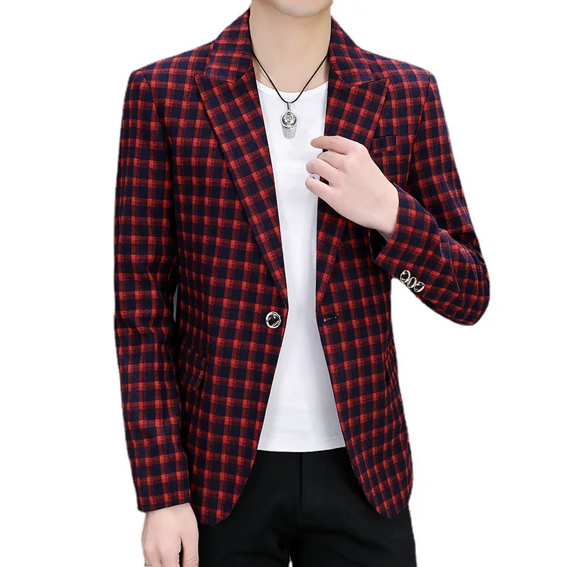 

HOO 2022 New Men's Plaid Printed blazer Youth Fashion Plaid Leisure blazers