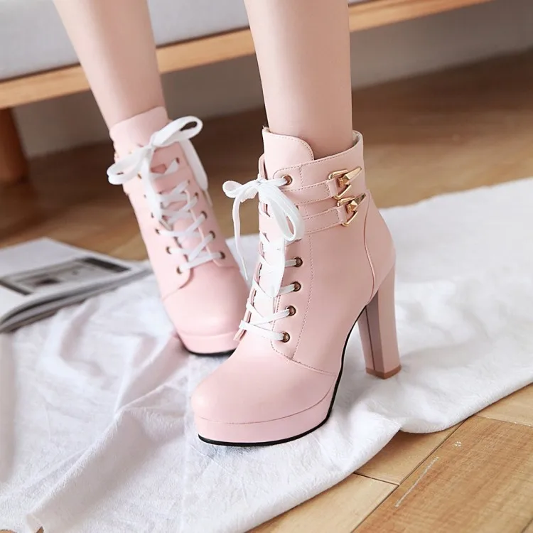 JK Uniform Womens Chunky Platform Ankle Boots Lolita Super High Heel Lace Up Boots Sweet Lace Side Zipper Pink White Black Shoes