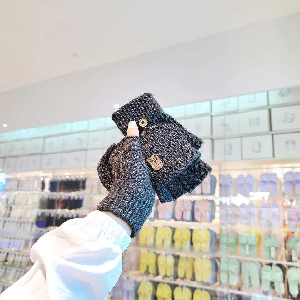 

Женские зимние перчатки, деловые повседневные варежки для мужчин, вязаные однотонные перчатки с откидной крышкой, обогреватель рук, фотообои с полупальцами