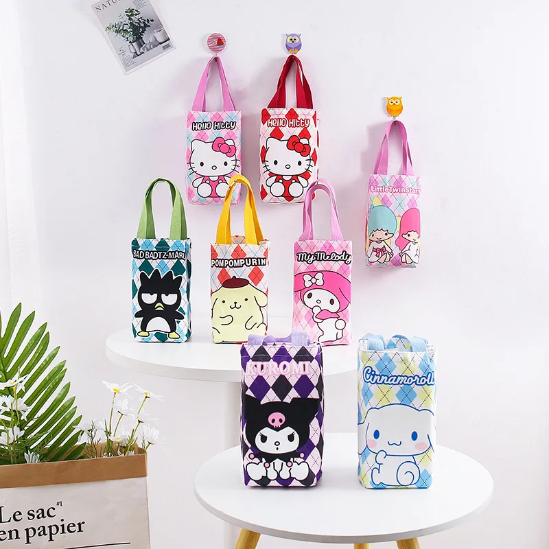 

Cute Sanrio Cartoon Canvas Water Cup Pouch Kawaii Hello Kitty Cinnamoroll Messenger Portable Shoulder Dual Water Bottle Bag