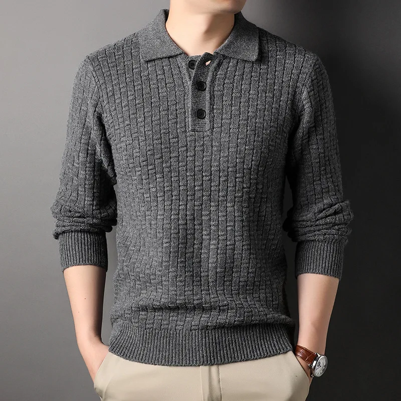 High End Luxury Pullover Sweater for Men's Style Solid Color Plaid Jacquard Lapel Business Pullover Long Sleeve Casual Sweater