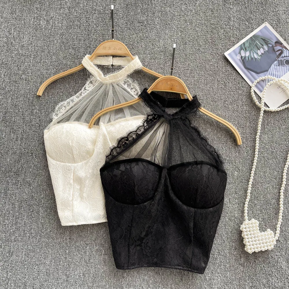 

D112 женская новая модная летняя пикантная кружевная майка без рукавов короткая облегающая одежда для улицы бюстье корсеты