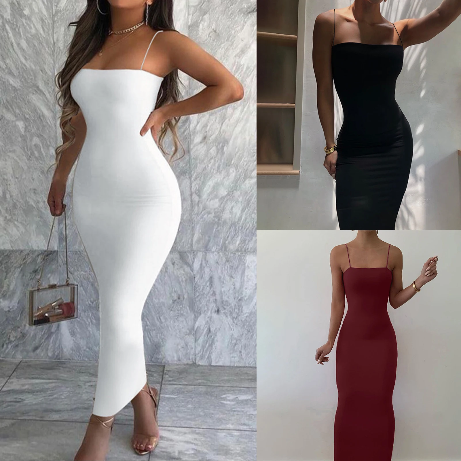 

Women Summer Bodyon Long Dress Spaghetti Strap Elegant Vintage Dresses Backless Square Neck Midi Dress Party Clubwear Vestidos