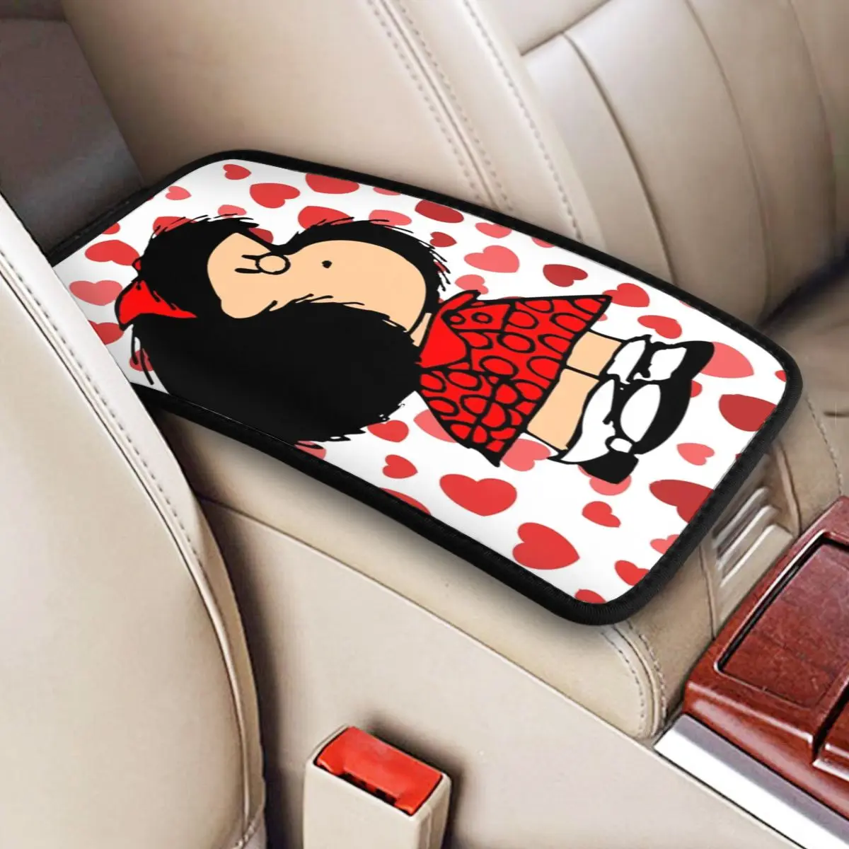 32x19cm Universal Car Arm Rest Cover Mat Leather Mafalda Anime Center Handle Box Pad Cushion Red Love Car Interior Cushion